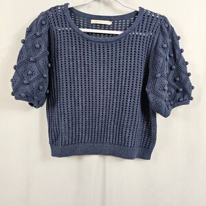 One Grey Day Open Popcorn Sleeve Open Knit Sweater in Blue - Size L